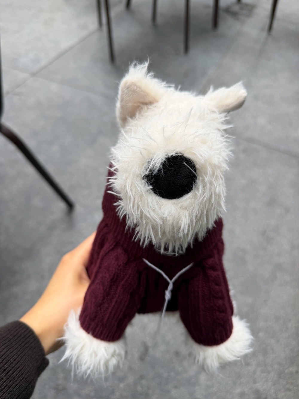 Jellycat White Plush Dog Toy with Burgundy Sweater
